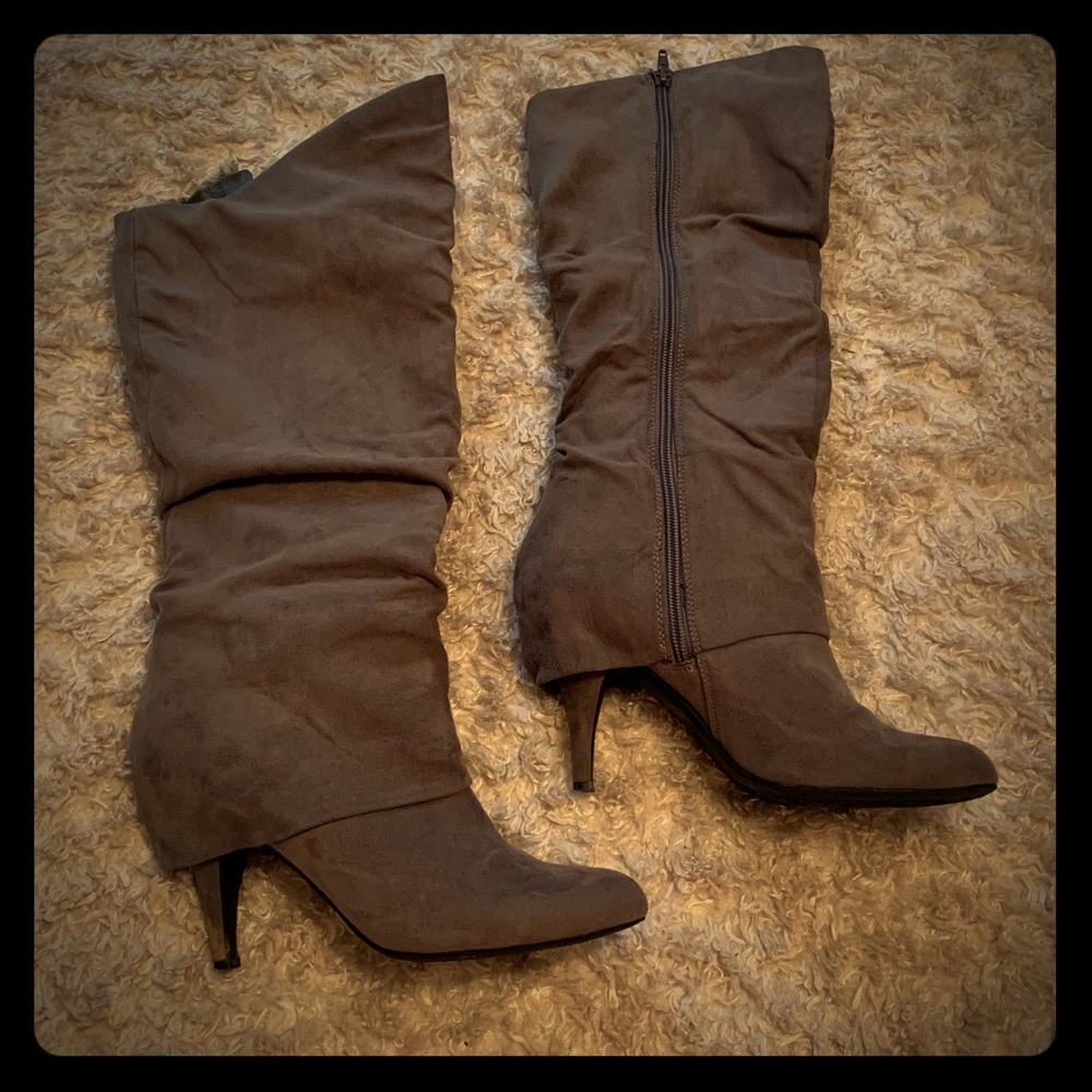 Gray suede knee high boots